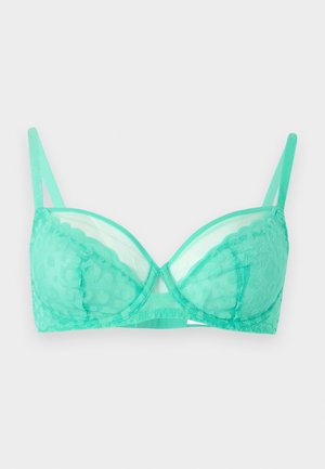 Türkisfarbener Spitzen-BH mit Bügel, verstellbaren Trägern, transparenten Netz-Einsätzen und floraler Stickerei auf den Cups, flach auf weißem Hintergrund dargestellt.