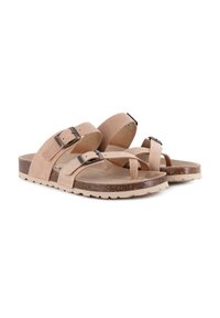 Sandalias de cuero marrón con tres correas ajustables, una plantilla de corcho y una suela de goma texturizada. El diseño presenta acentos minimalistas en el hardware.