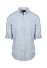 Korte mouwen shirt in lichtblauw met witte strepen, voorzien van een button-down kraag en opgerolde mouwen. Gemaakt van ademende, gestructureerde stof.