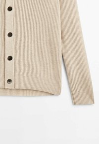 Beige ribbed cardigan featuring a buttoned front, textured fabric, long sleeves, and a straight hem. Buttons are dark brown with a matte finish.
