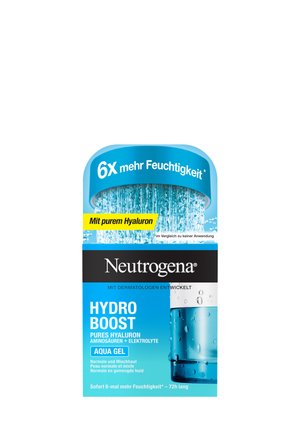 Neutrogena Hydro Boost Aqua Gel packaging features a blue and white design with droplets. Text highlights moisturizing benefits and hyaluronic acid.