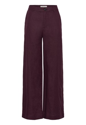 Pantalon en lin couleur prune à jambes larges, avec bouton à l'avant et passants pour ceinture, longueur cheville.
