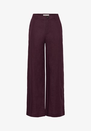 Pantalon en lin couleur prune à jambes larges, avec bouton à l'avant et passants pour ceinture, longueur cheville.