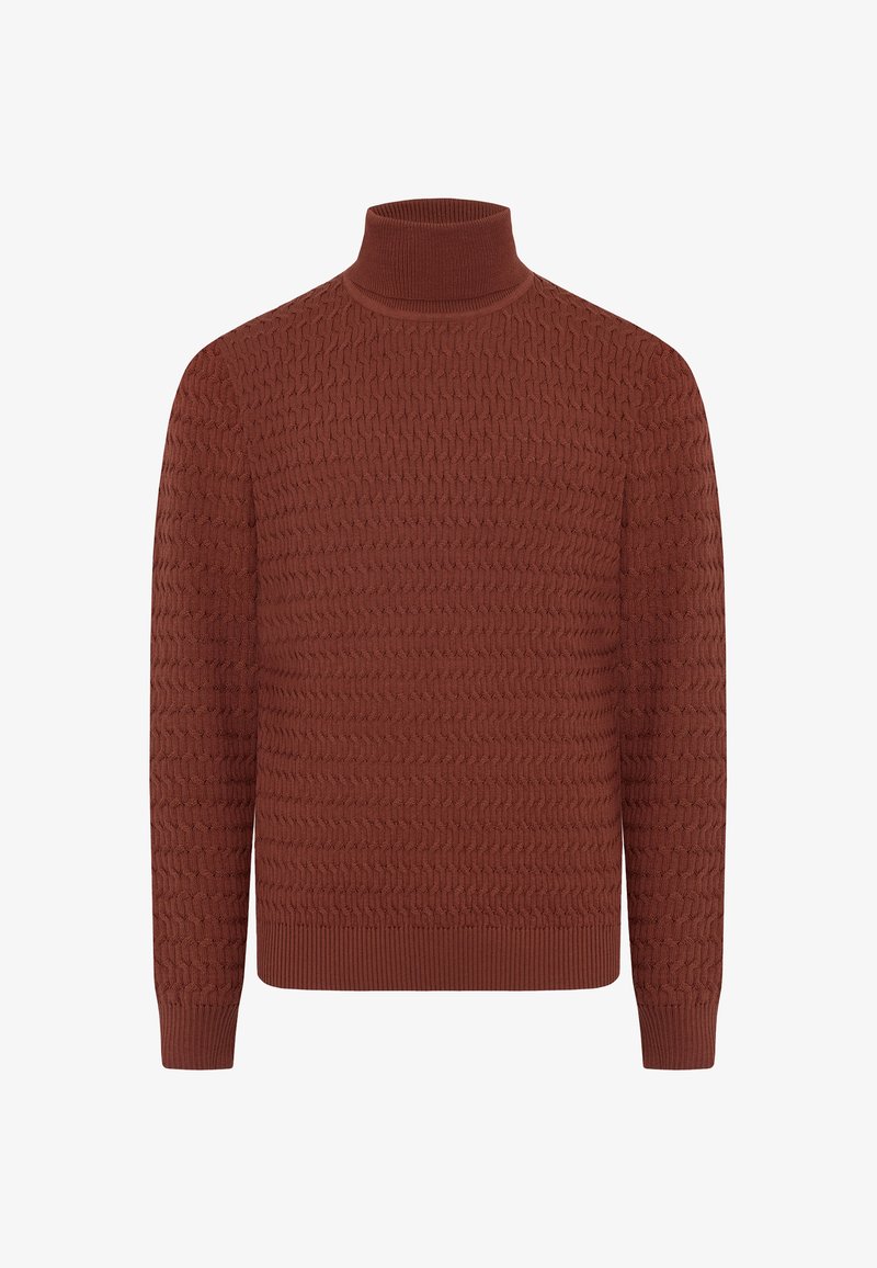 Gestreifter Rollkragenpullover aus rostfarbener Wolle, mit strukturiertem Muster, gerippten Bündchen und Saum sowie geradem Schnitt.