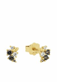 Orecchini a pendente placcati in oro con tre gruppi di pietre rotonde nere e trasparenti, dotati di chiusure a farfalla sicure e di un design distintivo.