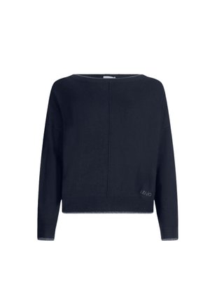 Maglione blu navy con scollo ampio, maniche lunghe, lunghezza corta e dettaglio del logo discreto sull'orlo. Realizzato in tessuto di maglia morbido.