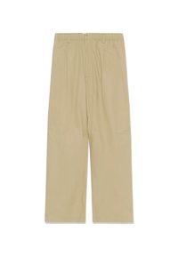 Pantalon beige à jambes larges avec une ceinture élastique et des plis devant, fabriqué en tissu léger, doté de poches latérales et d'une texture lisse.