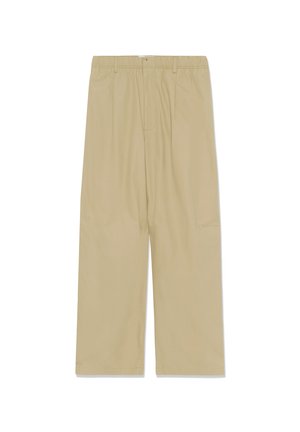 Beežid laia säärega püksid elastse vöökohaga ja ees volditud, valmistatud kerge kangaga, küljetaskute ja sileda tekstuuriga.