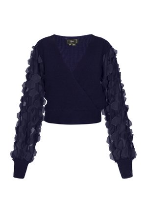 Marineblå strikket omslagstrøje med teksturerede, lagdelte sekskantede gennemsigtige puff-ærmer, med ribkantede manchetter og dyb V-hals.