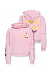 Ροζ κοντή κουκούλα φτιαγμένη από μαλακό ύφασμα, με γραφικό φιλιγκράν χαμογελαστού προσώπου μπροστά και καλλιτεχνικό κείμενο στα μανίκια.