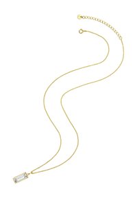 Collar de cadena de oro con un colgante rectangular de cristal transparente. La cadena es delicada y cuenta con un cierre ajustable para diferentes longitudes.