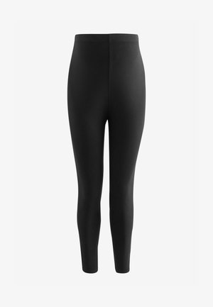 Melnas leggingas, izgatavotas no elastīga materiāla, ar augstu jostas daļu, šaura piegriezuma un gludu tekstūru. Nav redzamu rakstu vai aparatūras detaļu.