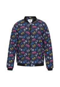 Giacca bomber nera con motivi di controller da gioco colorati in giallo, rosa, blu e bianco, dotata di chiusura a zip e polsini a costine.