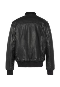 Schwarze Lederbomberjacke mit geripptem Kragen und Bündchen. Hat eine glatte Textur und ist leicht tailliert mit einem gerafften Saum.