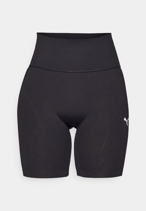 Schwarze, hoch taillierte Sportshorts aus dehnbarem Material, mit einer figurnahen Passform, flachen Nähten und einem kleinen weißen Logo an der Seite.
