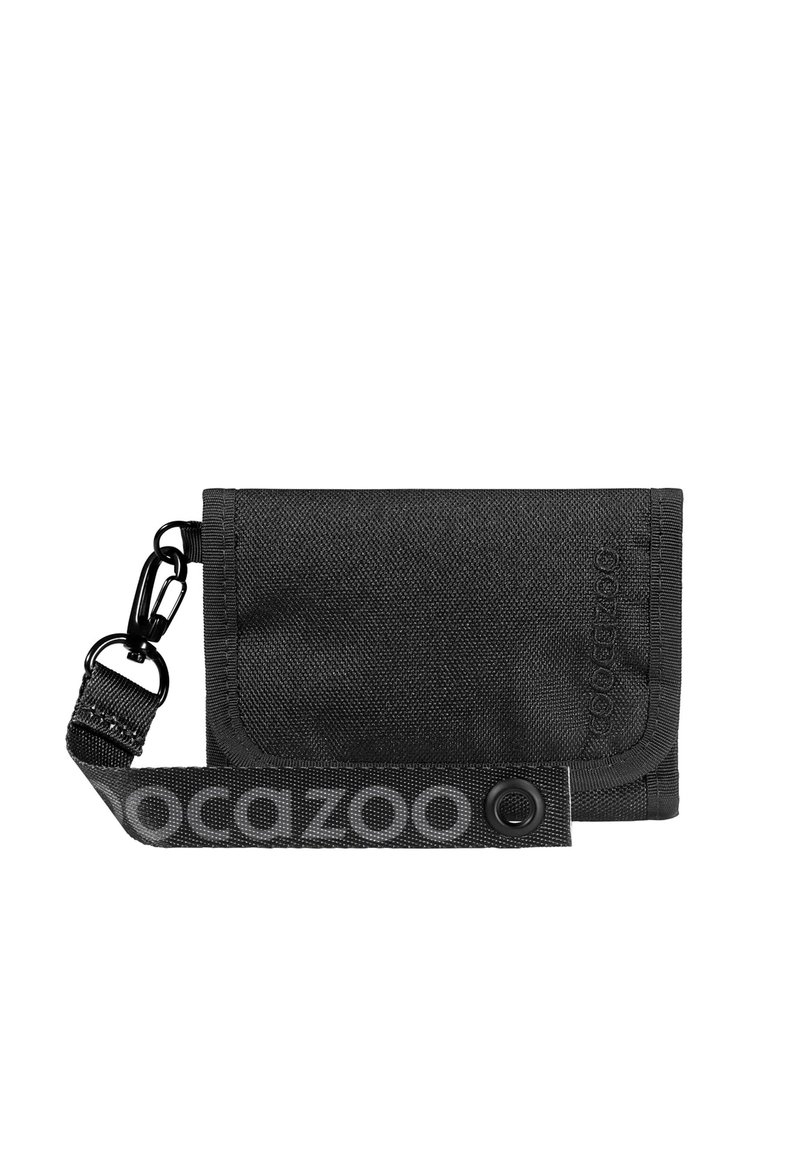 Black nylon wallet with a flap closure, featuring a detachable strap, snap button, and logo detail on the strap. Compact, functional design.