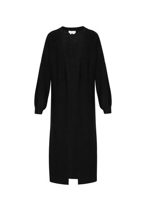 Cardigan lung, negru, cu o croială lejeră și mâneci bufante. Dispune de un față deschisă și un design texturat. Fără închideri sau modele.