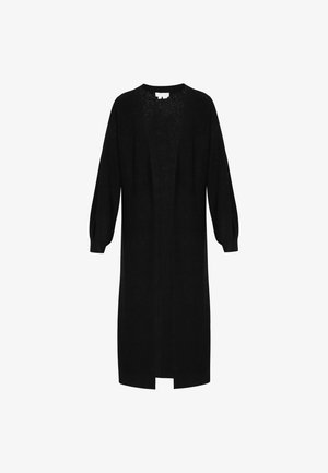 Črn dolg kardigan s prostim krojem in nabranimi rokavi. Ima odprto sprednjo stran in teksturirano pletenino. Brez zapiranj ali vzorcev.