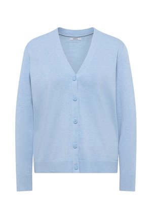 Cardigan bleu clair avec un col en V, des manches longues et cinq boutons sur le devant. Fabriqué en matériau tricoté doux et texturé.