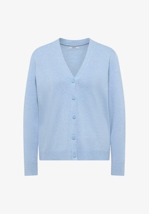 Helleblaue Strickjacke mit V-Ausschnitt, langen Ärmeln und fünf Knöpfen auf der Vorderseite. Hergestellt aus einem weichen, strukturierten Strickmaterial.
