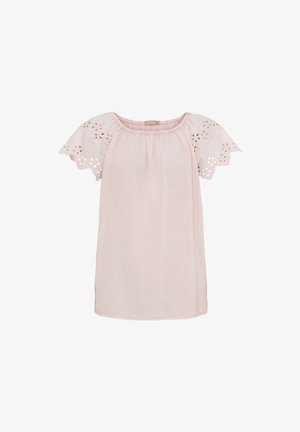 Lyserød kortærmet bluse med løs pasform, der har broderede blonder detaljer på ærmerne og en rummelig halsudskæring. Blød tekstur.