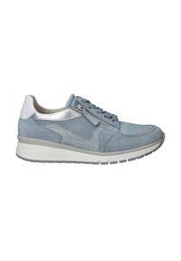 Light blue suede sneaker with silver accents, lace-up design, and a side zip. Features a thick white sole with textured grip.