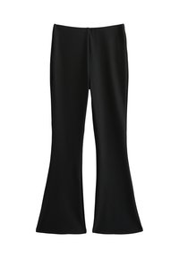 Pantalons évasés noirs en tissu lisse et extensible. Dotés d'une taille ajustée et de jambes évasées, offrant une silhouette élancée.