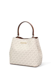 Borsa tote in tessuto beige, con motivo a ripetizione del logo "MK", manico in pelle marrone e dettagli in metallo dorato sulla parte anteriore.
