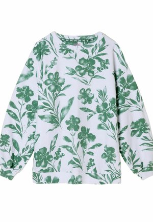 Balta kokvilnas džemperis ar zaļu ziedu rakstu. Ir garas piedurknes, ribota apkakle un brīvs piegriezums. Maiga tekstūra, ikdienišķs dizains.