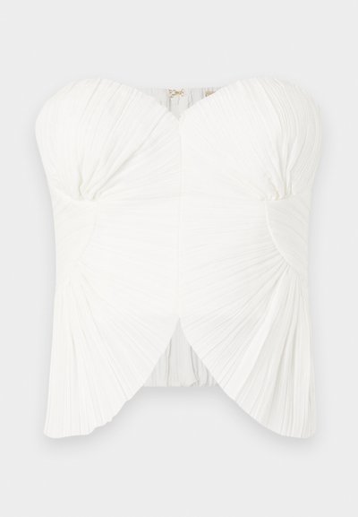 White strapless top with pleated fabric, curved neckline, and twist detail at bust. Smooth texture with a fitted silhouette and adjustable closure.
