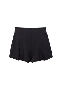 Pantalones cortos negros de tiro alto, confeccionados con una tela suave, que presentan un diseño simple con costuras laterales curvadas y una textura lisa.