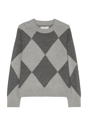 Gray sweater featuring a diamond pattern in darker gray, made of a soft material, with a round neckline and long sleeves.