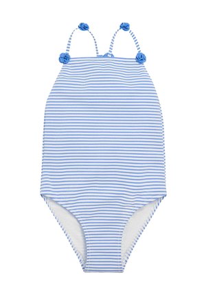 Bañador de una sola pieza a rayas en azul claro y blanco, con tirantes delgados con acentos florales azules y un diseño ajustado.