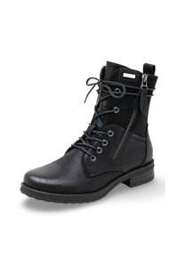 Bottines noires en cuir avec un panneau texturé, dotées de lacets, d'une fermeture éclair sur le côté et d'un petit talon carré.