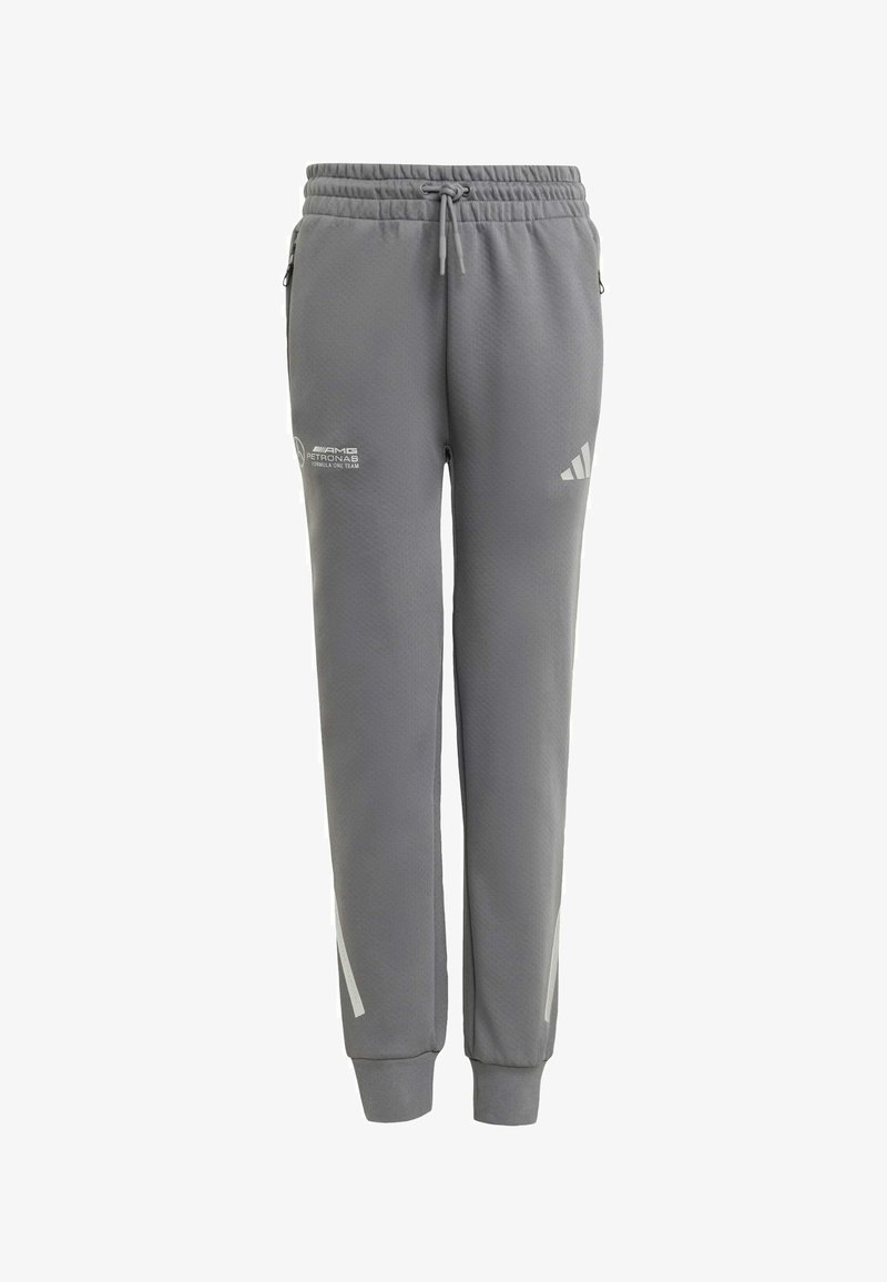 Grijze sportbroek van gestructureerde stof, met een elastische tailleband, koord en zijlogoprints met reflecterende accenten.