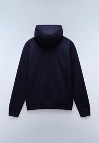 Sudadera con capucha azul marino oscuro con bolsillo canguro, capucha con cordón y puños acanalados. Hecha de tela suave y texturizada con un diseño limpio.