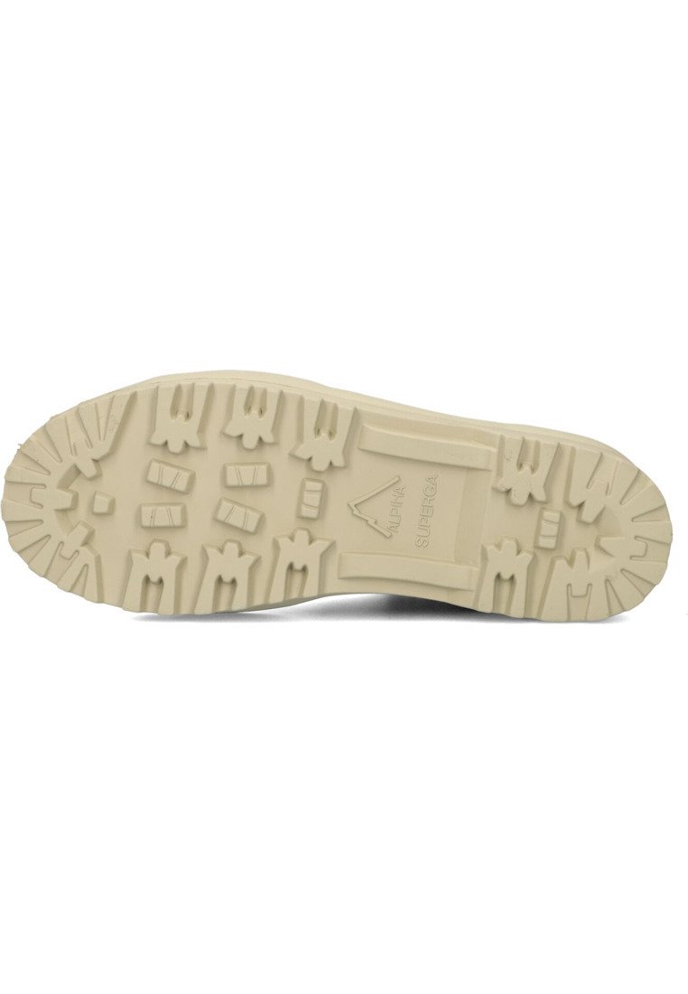 Sohle eines Schuhs mit einem robusten, strukturierten Design in hellbeige, mit tiefen Rillen und Profilmustern für besseren Halt. Markenlogo sichtbar.