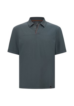 Men's polo shirt in dark gray fabric. Features short sleeves, a notched collar with orange accent, and a straight hem. Tag at bottom left.