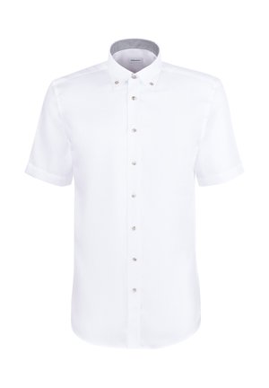 Witte overhemd met korte mouwen, knoopsluiting en een button-down kraag met een subtiel geruit patroon aan de binnenkant van de kraag.