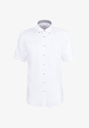 Witte overhemd met korte mouwen, knoopsluiting en een button-down kraag met een subtiel geruit patroon aan de binnenkant van de kraag.