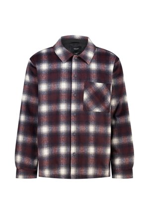 Flannel shirt featuring a plaid pattern in burgundy, navy, and white. It has a button-up front, collar, and single chest pocket.