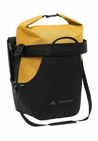Borsa da ciclismo impermeabile nera e gialla con chiusura a rotolo, tracolla regolabile e dettagli con logo. Realizzata in tessuto durevole e testurizzato.