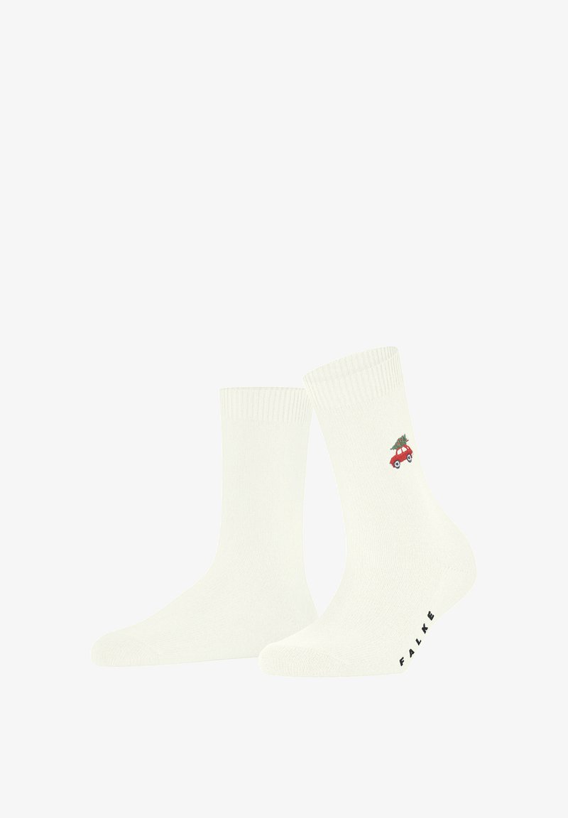 Weiße Baumwollsocken mit geripptem Bündchen, mit einem roten Auto und einem grünen Baumdesign, das an der Seite bestickt ist. Markenlogo auf der Sohle gedruckt.