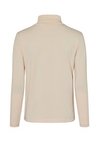 Beige Langarm-Turtleneck-Shirt von hinten gezeigt, mit glatter Textur und schlichtem Design.
