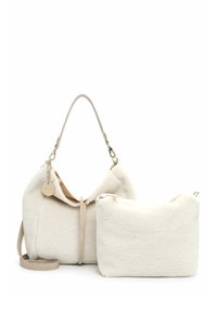 Borsa a mano di tessuto bianco con una finitura morbida e testurizzata, dotata di un manico singolo, una pochette removibile e sottili dettagli in pelle.