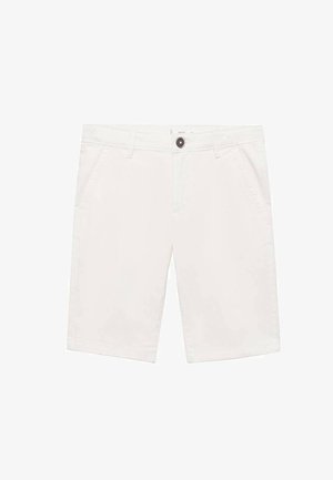 Shorts en coton blanc avec une coupe droite, fermeture à bouton et poches latérales. Texture lisse avec un design épuré et minimaliste.