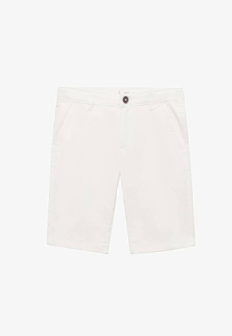 Pantaloni scurți albi din bumbac, cu croială dreaptă, închidere cu buton și buzunare laterale. Textură netedă, cu un design curat și minimalist.