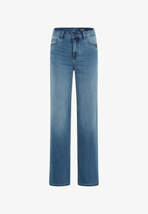 High-waist, wide-leg blue denim jeans with front button and zipper, featuring front and back pockets and a faded wash detail.