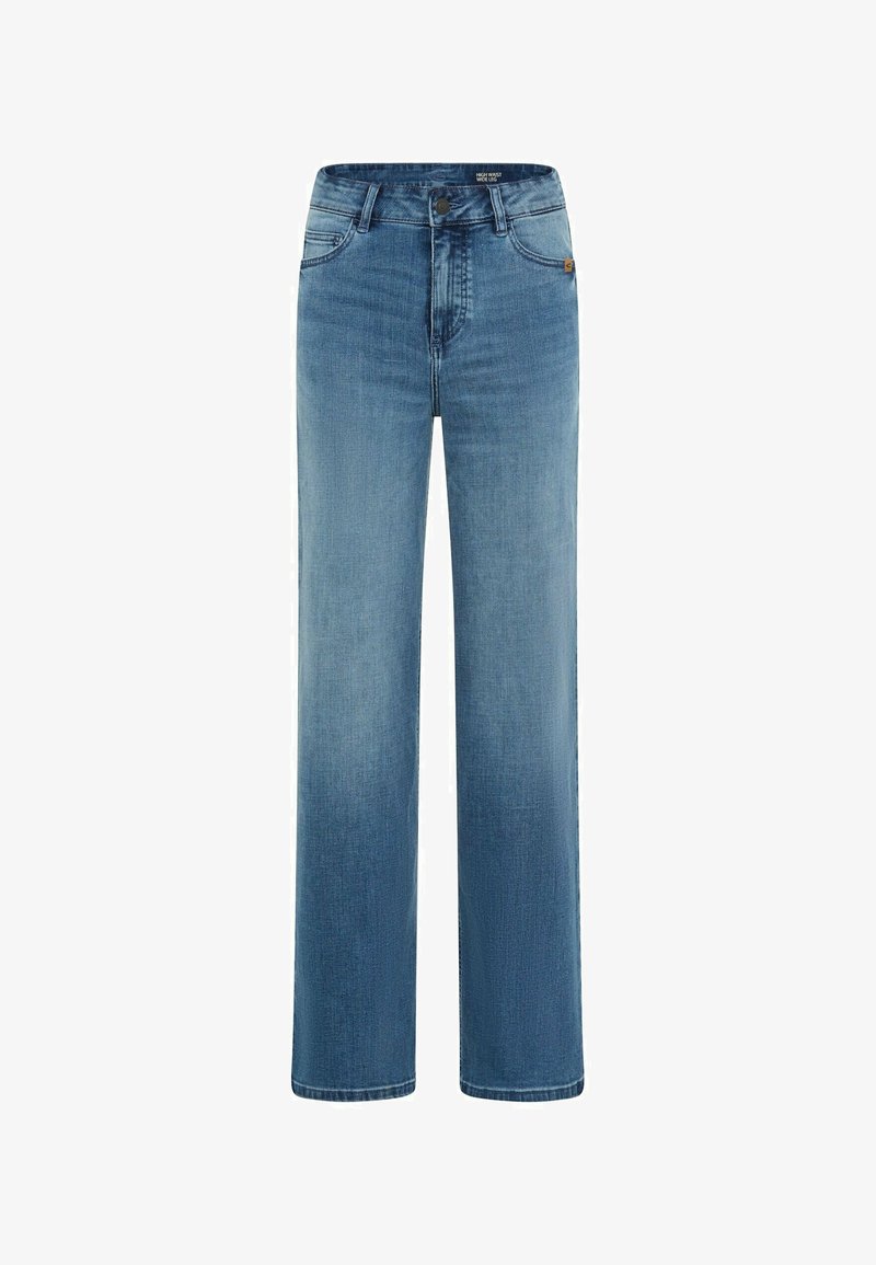 Jeansy z niebieskiego denimu o wysokim stanie i szerokich nogawkach, z przodem zapinanym na guziki i suwak, wyposażone w kieszenie z przodu i z tyłu oraz z efektem sprania.