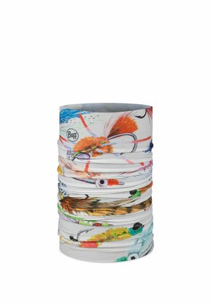 Multicolored tubular neck gaiter with fishing fly patterns and Buff logo on a white background.